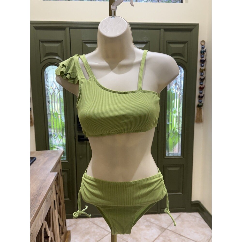 New Girls Size 9–10 Two-Piece Bright Green Off-the-Shoulder Ruffle Swimsuit